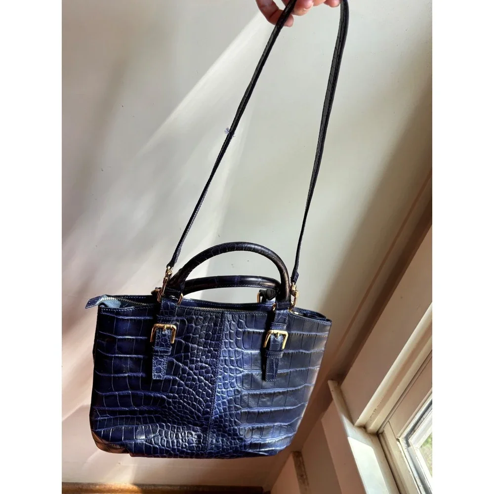 Prüne‎ Navy Blue Croc Embossed Leather Satchel Handbag Gold Hardware 9073